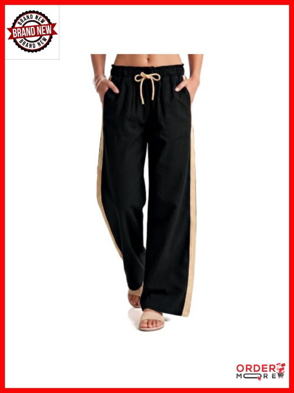 Linen Wide Leg Palazzo Pants High Waisted Drawstring Beach Trousers